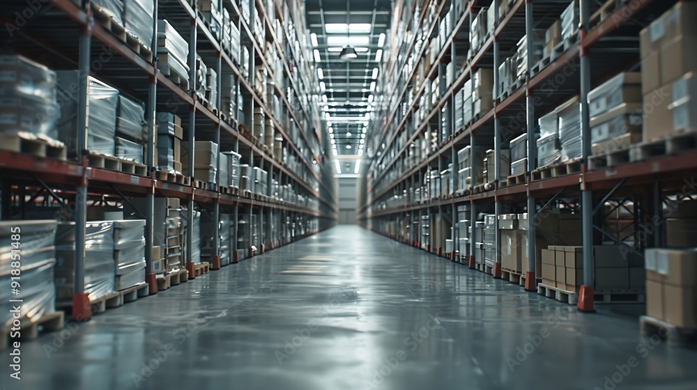 Poster large storage warehouse there is a walkway in the middle between the shelves : generative ai