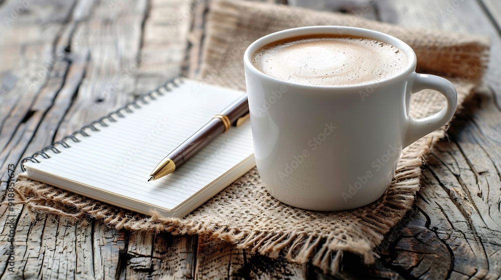 Poster cup of coffee with notepad and brown pen on wooden table top view copy space : generative ai
