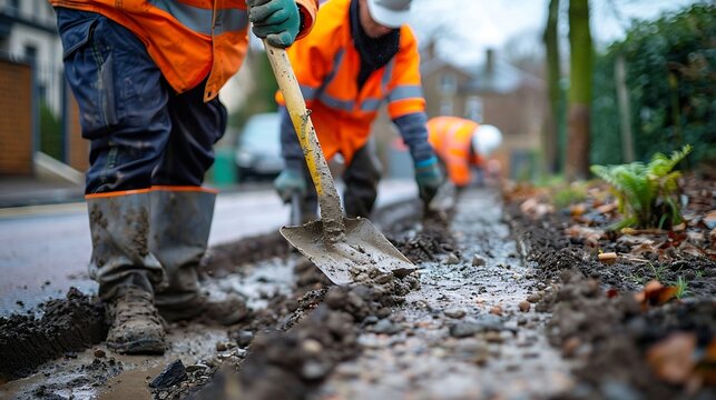 Groundworkers  in hiviz using shovel leveling concrete  kerbs on  construction site : Generative AI