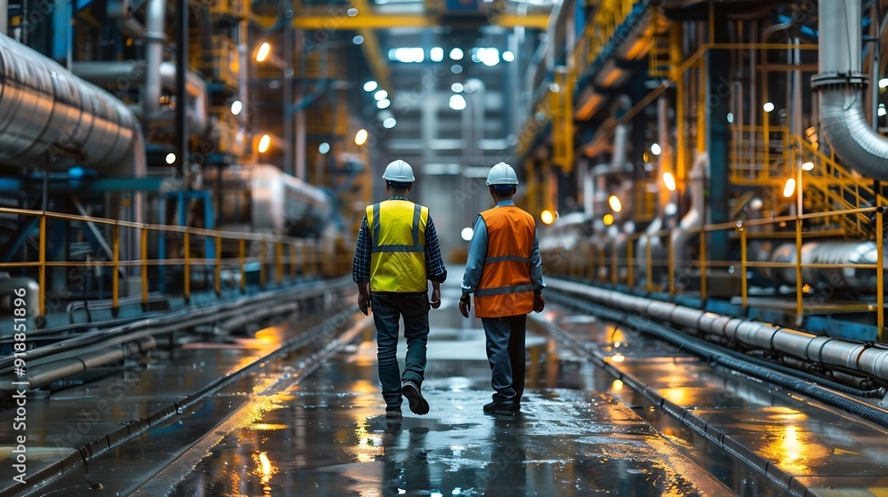 Poster two engineers talking walking across empty factory floor inspecting planning where all the machinery