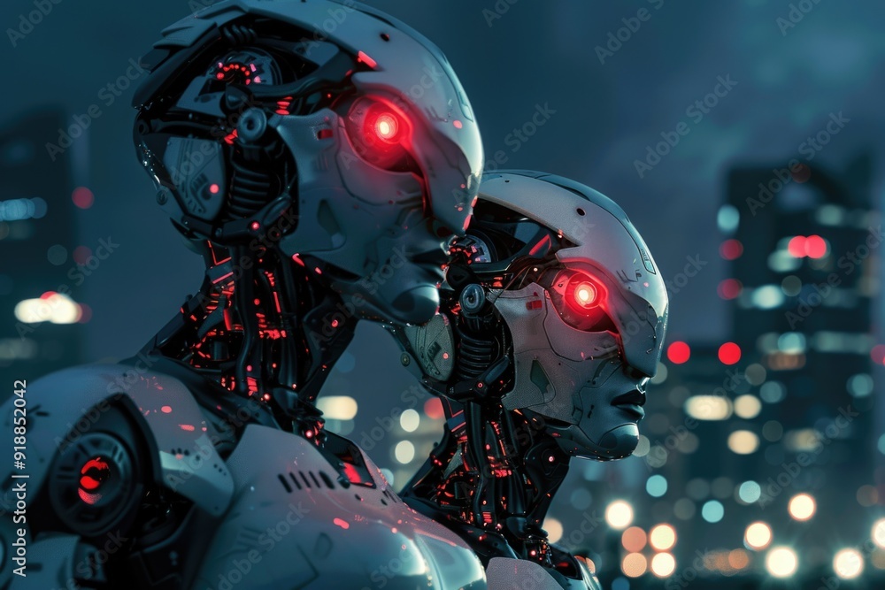 Poster two robots stand side by side, with no obvious purpose or destination