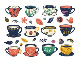 Set of various cup of tea simple illustration. AI generated