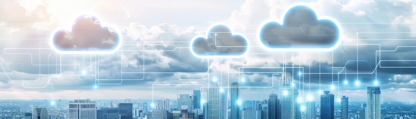 Fototapeta premium A modern city skyline under futuristic clouds, blending technology with urban life, showcasing a vibrant atmosphere.