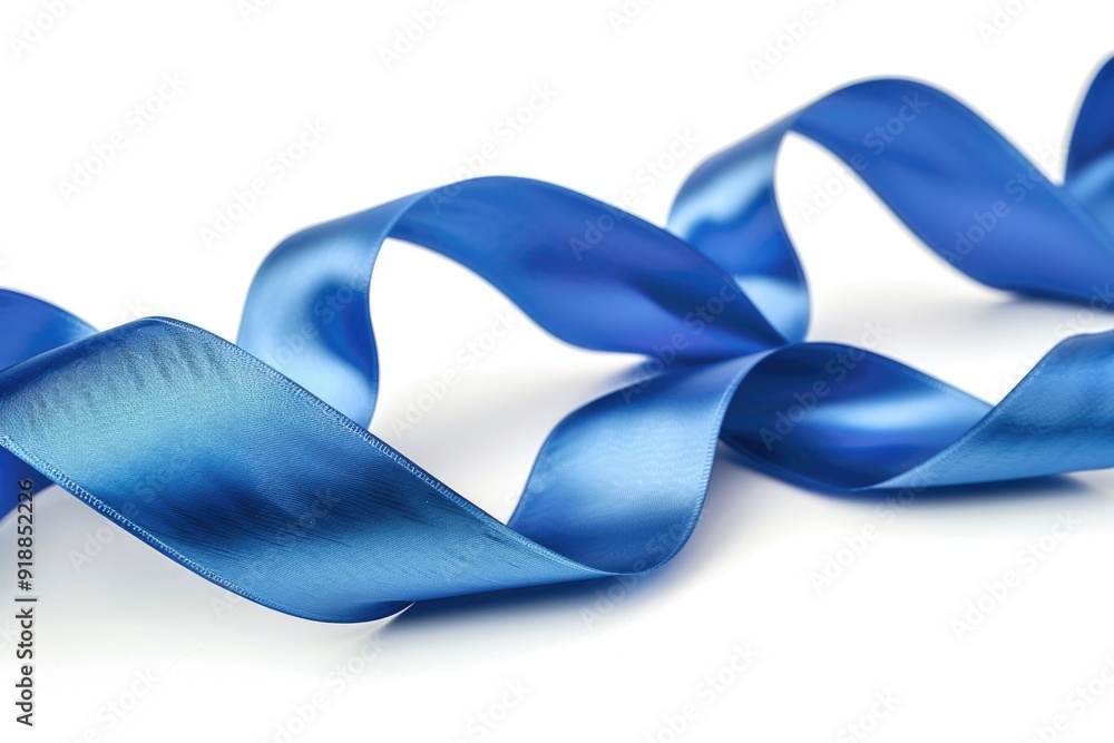 Poster a close-up shot of a blue ribbon on a white surface, perfect for use in designs and projects where a