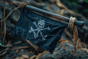 Black pirate flag flapping in wind secured to old sword with rope