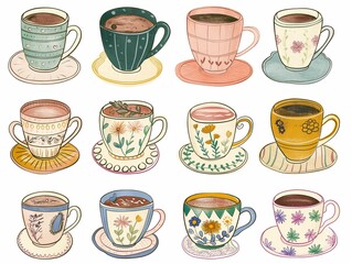 Set of various cup of tea simple illustration. AI generated