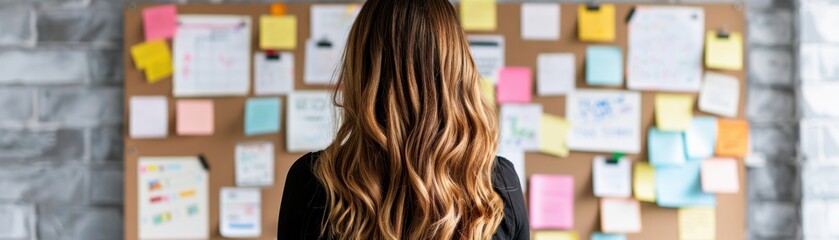 A focused woman stands in front of a bulletin board filled with colorful notes and reminders, inspiring productivity and creativity.