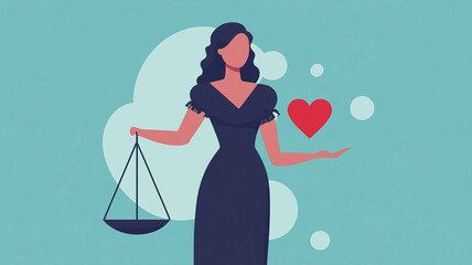 A modern illustration of a faceless woman holding a balance scale in one hand and a red heart in the other, symbolizing the balance between justice and compassion.