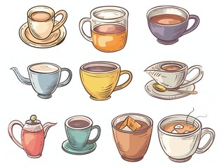 Set of various cup of tea simple illustration. AI generated
