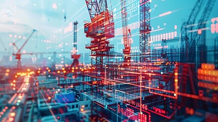Image of financial data processing over crane and construction site global development business finance digital interface and data processing concept digitally generated image : Generative AI