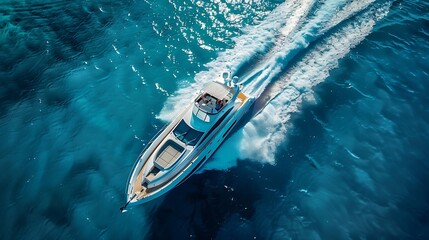 Fototapeta premium Man and woman on a white yacht in motion on blue water top view A white innovative yacht moves quickly on blue water top view A large boat with people in motion on the water : Generative AI