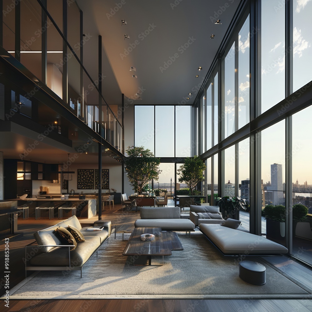 Wall mural Modern living room with floor-to-ceiling windows and city views.