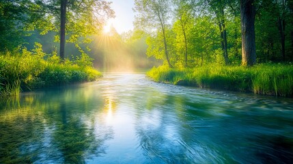 A river running through a lush green forest