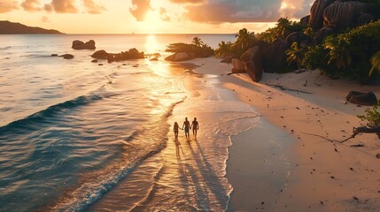 Anse Source dArgent beach La Digue Island Seyshelles Drone aerial view of La Digue Seychelles bird eye viewof tropical Island couple men and woman walking at the beach during sunset at : Generative AI