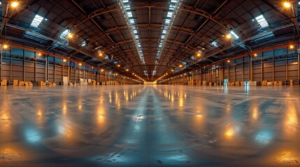 Naklejka premium full seamless spherical hdri panorama 360 degrees in interior of large empty room as warehouse hangar or gallary with spotlights in equirectangular projection VR AR concept : Generative AI