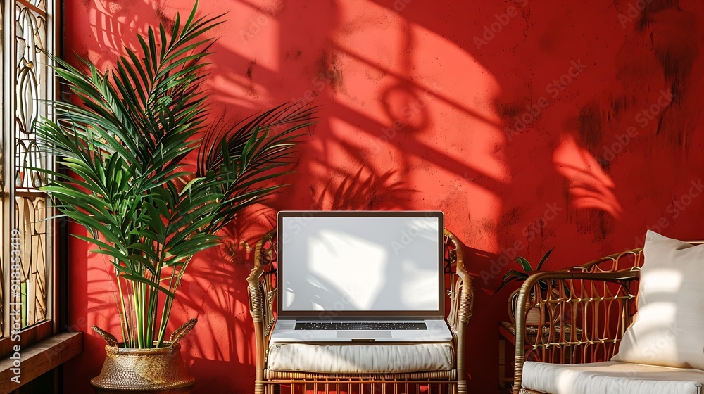 Poster Laptop computer with blank screen on comfortable rattan chair against red color wall Aesthetic template with mockup copy space Online store blog social media website branding Online sh : Generative AI