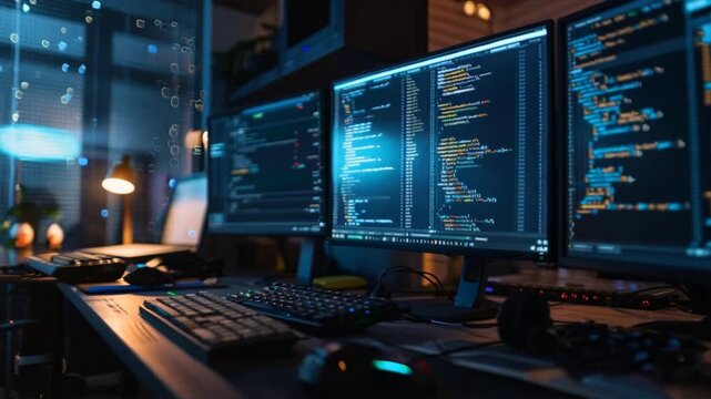 A computer monitor displays a lot of code on the screen. The computer is set up with three monitors, and the room is dimly lit. Scene is serious and focused