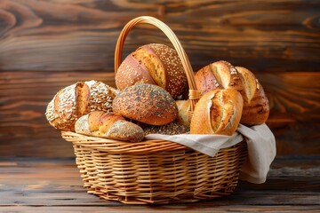 Bread assortment in wicker basket on table