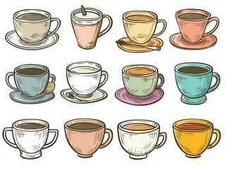 Set of various cup of tea simple illustration. AI generated