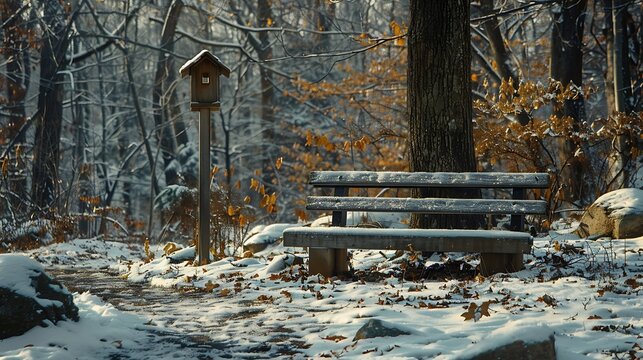 Snow on the forest hill with a birdhouse on the pole an empty bench and rocks winter landscape at Tarrywile Park in Danbury Connecticut USA : Generative AI