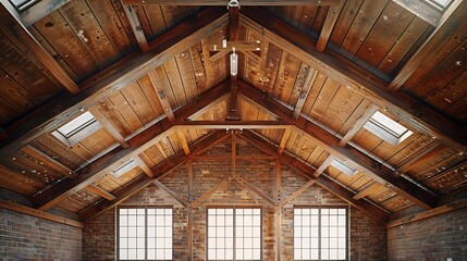 Obraz premium Gable roof truss of a large vintage factory hall Roofing construction sheathing made of wooden planks Brick walls and arcade windows Industrial interior : Generative AI