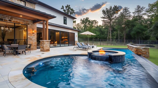 New home beautiful backyard with custom pool with fire pit : Generative AI