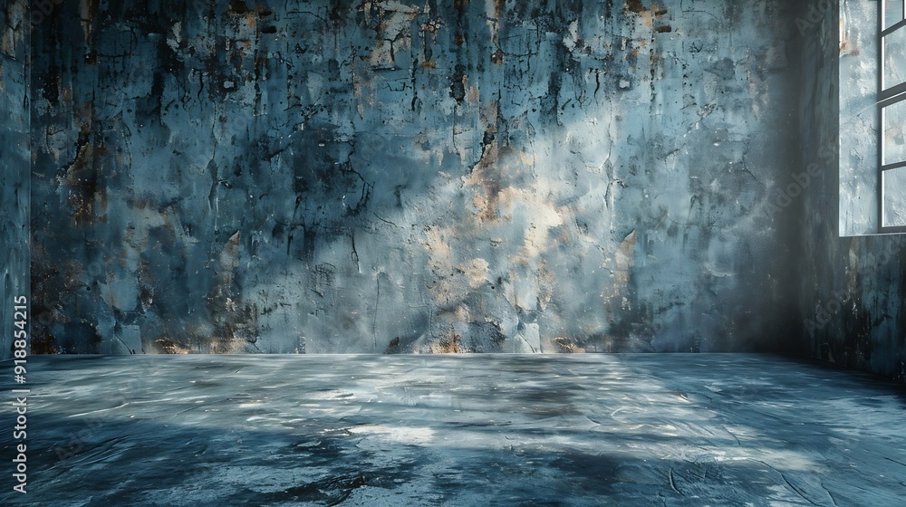 Poster empty warehouse room with grungy stucco concrete wall floor room as background corner of old grunge 