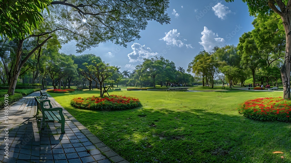 Aufkleber panorama public park with clipping path : generative ai