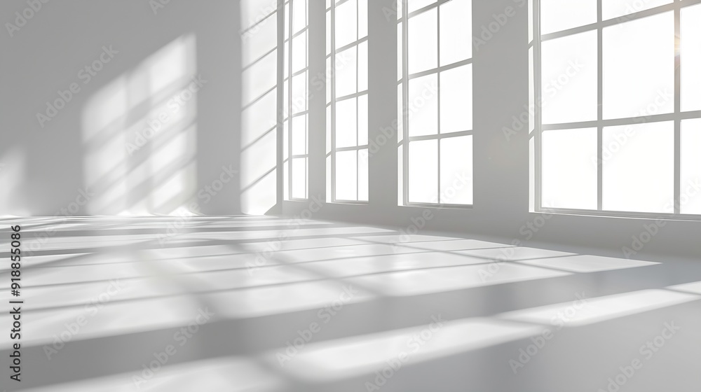 Poster abstract white studio background for product presentation with window shadows and sunlight blurred b