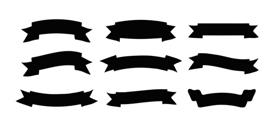 Set of black and white ribbon banner, silhouette editable vector illustration of curled award ribbon banners