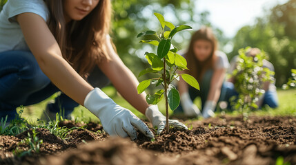 Young volunteers dig and plant trees in a park under the sun, promoting environmental conservation and community engagement