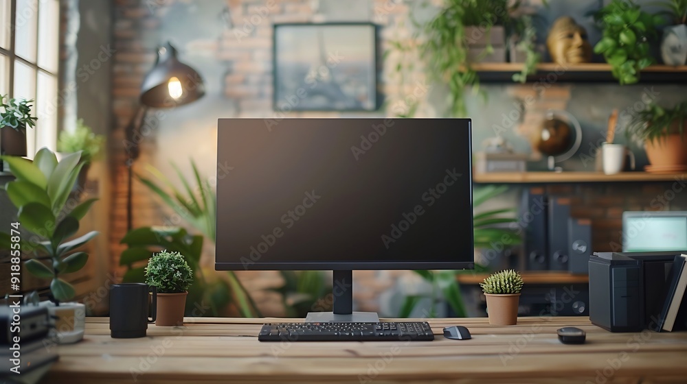 Aufkleber Empty workspace and a computer in a home office for remote work business or design of desk Working creative and a table with a pc and setup for a freelance career or entrepreneurship f : Generative AI