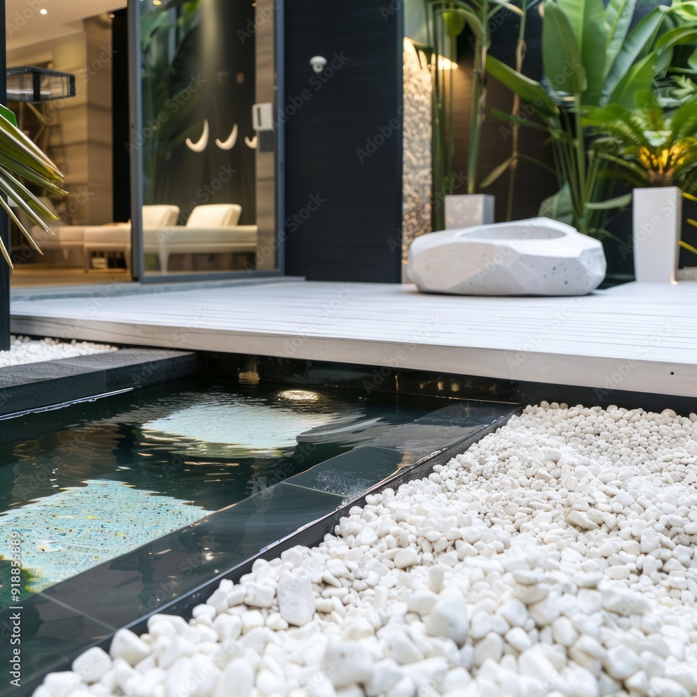 Sticker Modern outdoor design with a small pond and white pebbles.