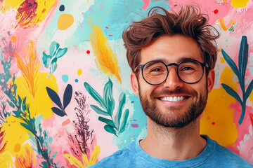 Happy smiling cartoon character man showing pointing finger standing confident on white background. Successful people male person concept