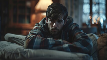 Man with mental health problem sitting on couch to resting head on his arms with depressed emotion : Generative AI