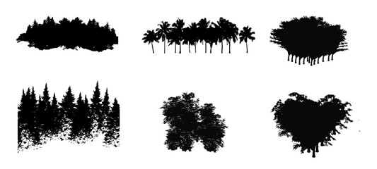 Collection of different trees in a forest landscape silhouette, natural forest representation in silhouettes