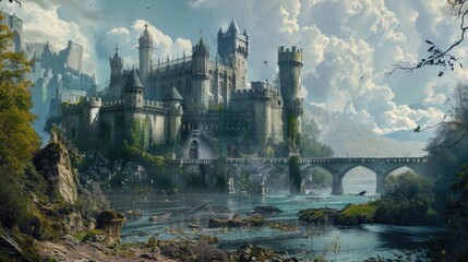 A large castle sits atop a lush green hillside, perfect for historical or fantasy scenes