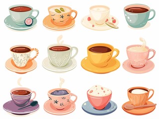 Set of various cup of tea simple illustration. AI generated