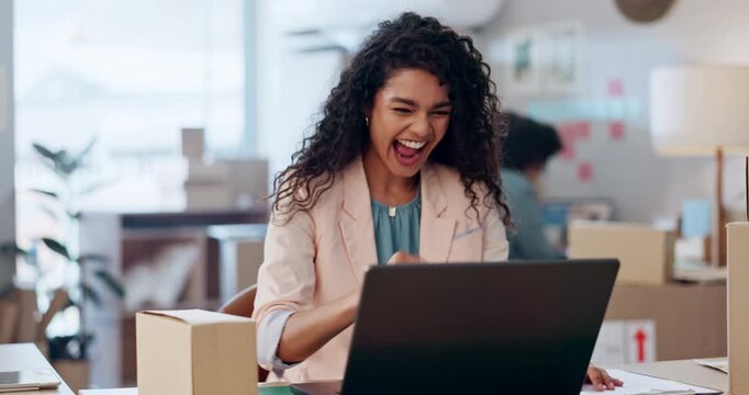 Woman, winning on laptop and logistics, office success or startup business goals in e commerce, sales or profit. Entrepreneur or happy seller wow and yes for news on computer, online shop and courier