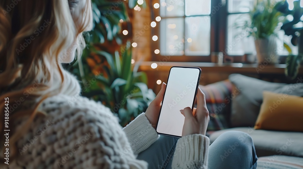 Poster mockup image of a woman holding and using mobile phone with blank desktop white screen at home : gen