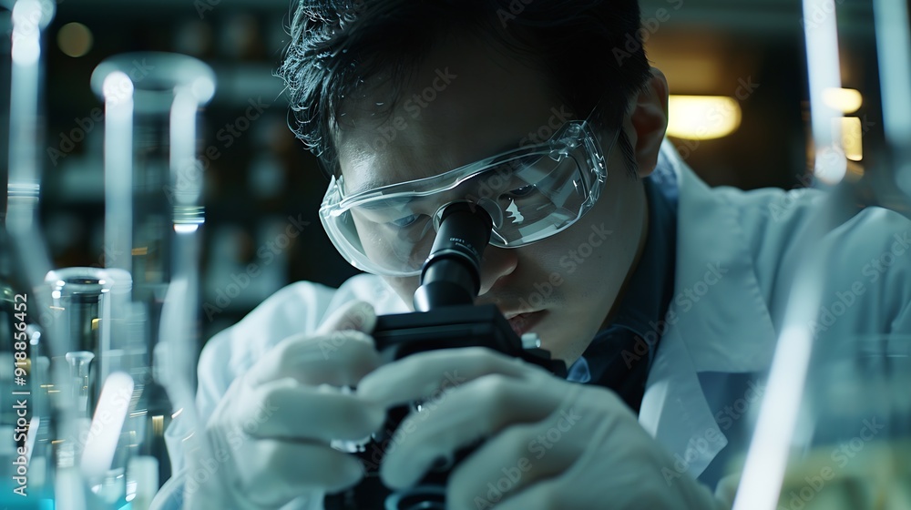 Poster scientist analyze biochemical samples in advanced scientific laboratory medical professional use mic