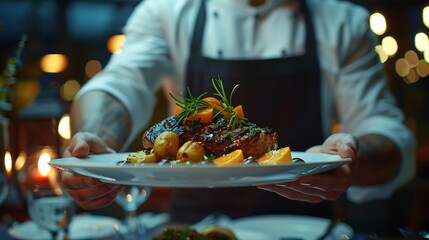 Fine dining food and waiter serving at a restaurant for a luxury valentines day or anniversary meal Formal hospitality service and server with a plate or dish for a fancy special dinne : Generative AI