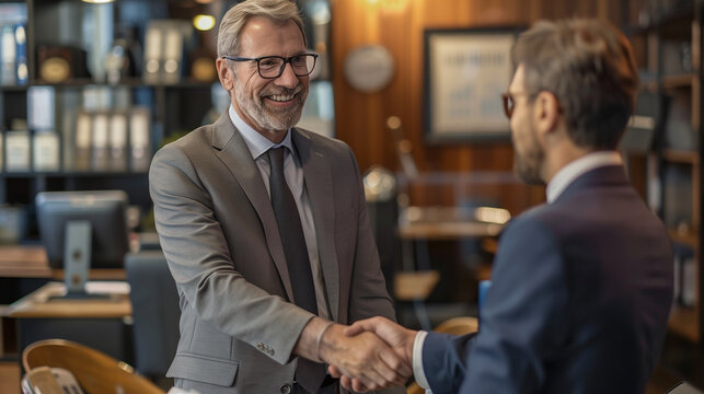 A financial advisor and a customer engaging in a handshake.

