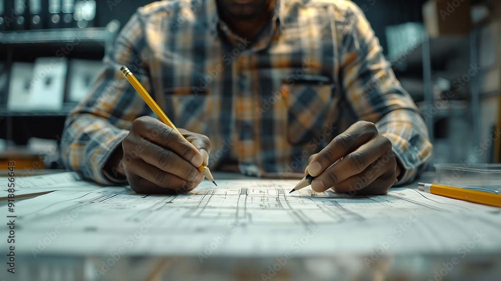 Poster Black man office and drawing on blueprint with pencil for planning a building design layout and project as architect Table construction and engineering person with idea for property re : Generative AI