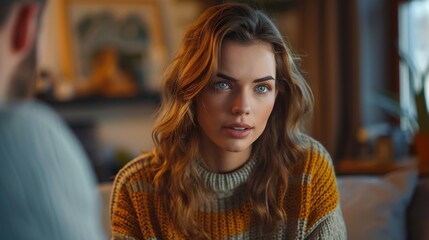 Man psychologist discusses solutions and support with her troubled female patient in his office : Generative AI