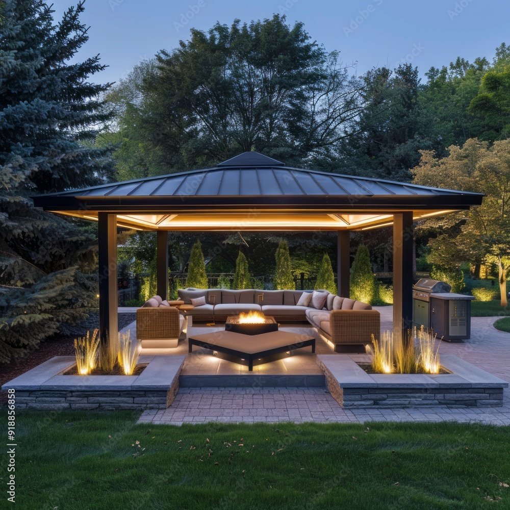 Poster Modern patio with fire pit and seating under a covered pergola at dusk.