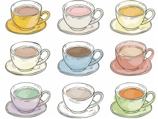 Set of various cup of tea simple illustration. AI generated