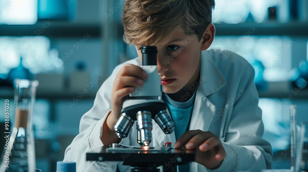 Aufkleber Composition of boy using microscope in science class with blue blurred copy space to right education and science research concept digitally generated image : Generative AI