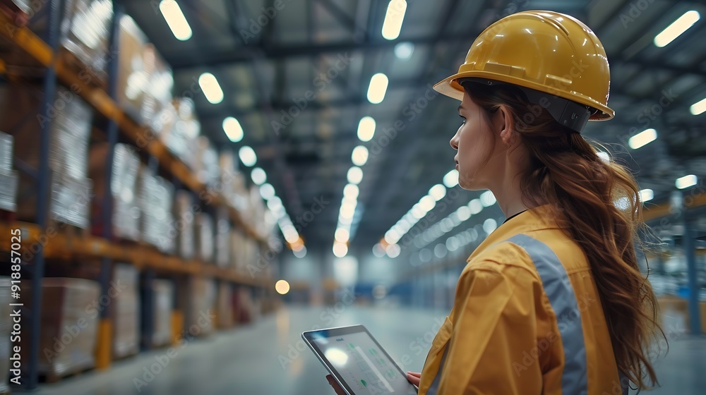 Poster industry 40 modern warehouse female engineer in empty warehouse uses digital tablet computer with au