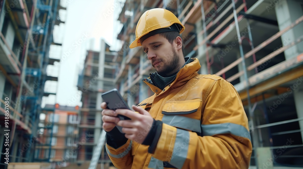 Poster Construction engineer using mobile smart phone on site during inspection selective focus : Generative AI
